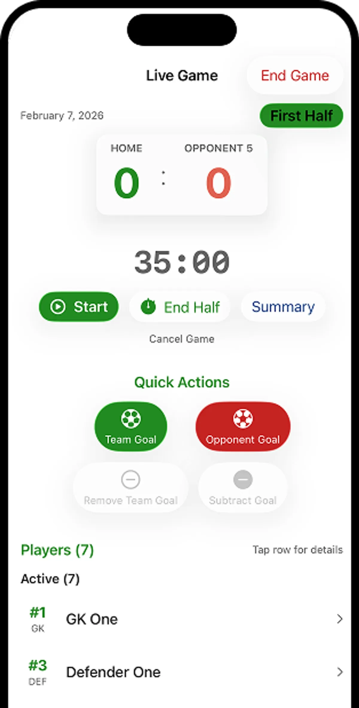 Live Game screen showing scoreboard, timer, Quick Actions, and player list